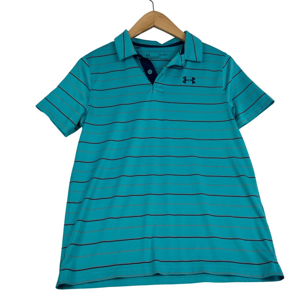 Under Armour Youth Large Teal Blue Striped HeatGear Short Sleeve Polo Shirt